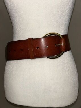 MICHAEL Michael Kors Brown Leather Wide Waist Belt with Gold Ring Buckle